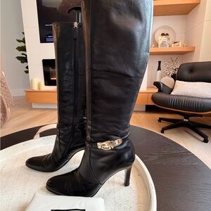 Gucci Black Leather Knee-High Boots with Gold Buckle – Size 7.5B